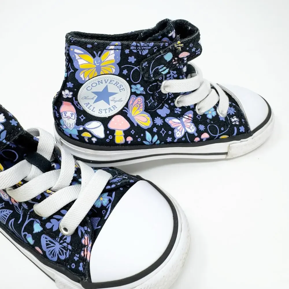 Toddler CONVERSE ALL STAR EUC Black Butterflies Gnomes Hi Top Sneakers Size 7